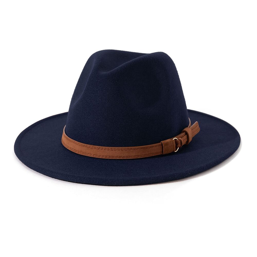 8352 & Vintage Wide Brim Fedora Hat with Belt Buckle A-Navy Blue 59-60cm